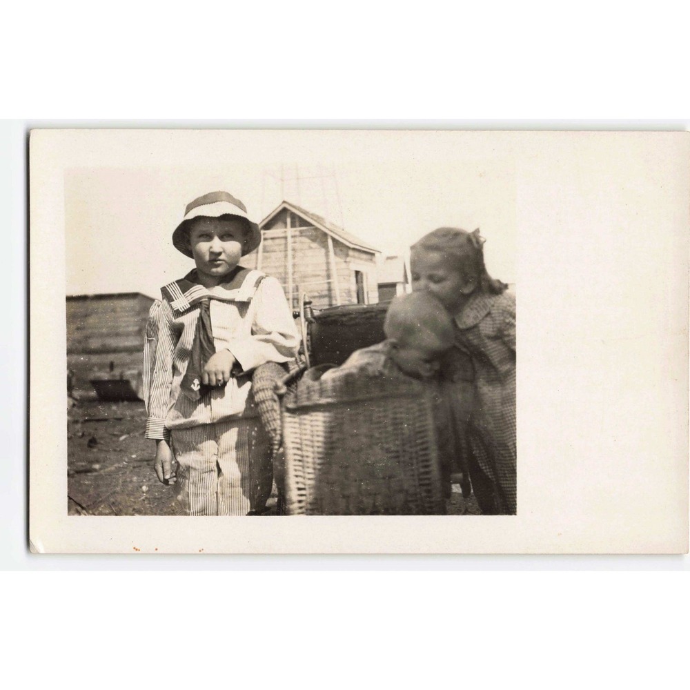 RPPC Bullock Children Sailor Suit Wicker Basket Real Photo Postcard